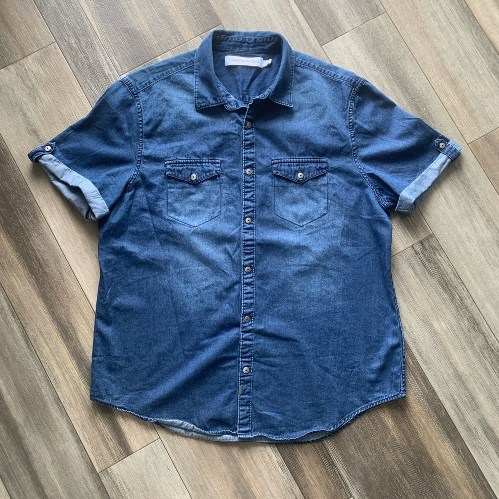 Calvin Klein Jeans Men's Short-Sleeve Denim Button-Down Shirt - Blue